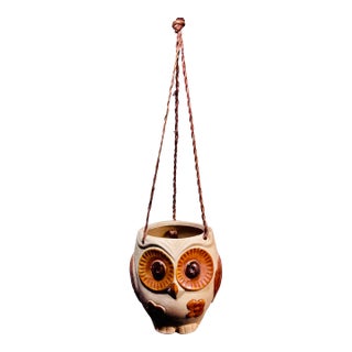 Vintage 1970’s Stoneware Pottery Figural Owl Hanging Planter For Sale