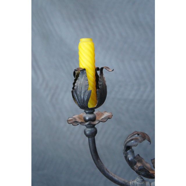 Antique Spanish Revival Wrought Iron Converted Gas Pendant Light Chandelier For Sale - Image 9 of 17
