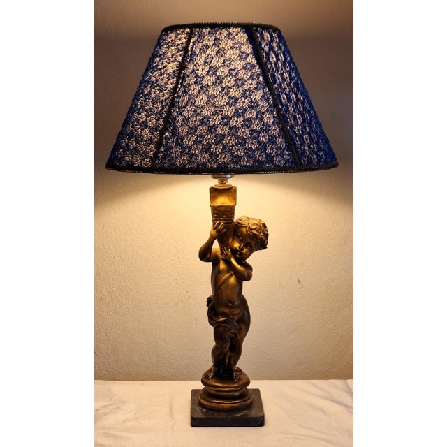 Vintage Table Lamp with Gold-Patinated Putto Base and Fabric Shade from Lamplove, 1970s For Sale - Image 9 of 9