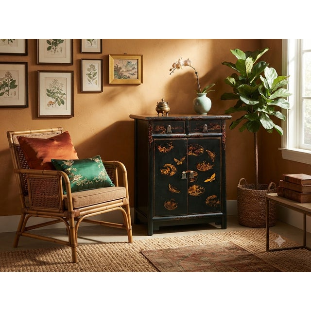 Black Distressed Black Golden Floral Graphic Tall Side End Table Cabinet For Sale - Image 8 of 14