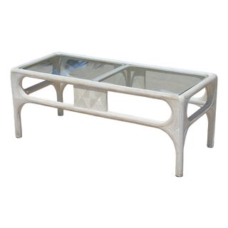 Vintage 1980s Coastal Pencil Reed Rattan & Glass Coffee Table For Sale