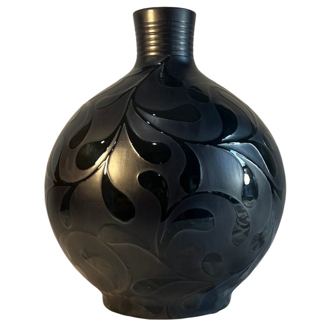 Large 16 In, Tall Bulbous Black Ceramic Leaf Design Vase For Sale - Image 11 of 14
