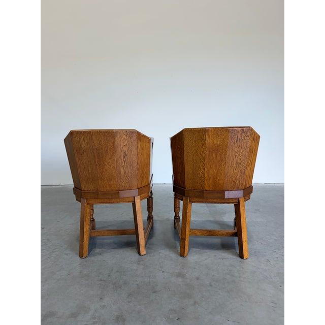 1940s Pair of Dutch Colonial Style Vintage Oak Barrel Back Chairs For Sale - Image 5 of 12