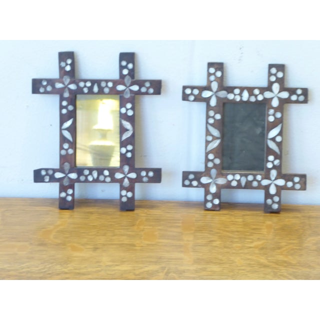 Moroccan Early 20th Century Vintage Miniature Inlaid Nacre Moroccan Accent Mirrors - a Pair For Sale - Image 3 of 4
