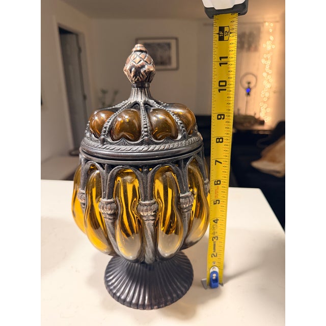 Vintage Baroque Brass Caged Amber Blown Bubble Glass & Dome Lidded Apothecary Jar For Sale In New York - Image 6 of 11