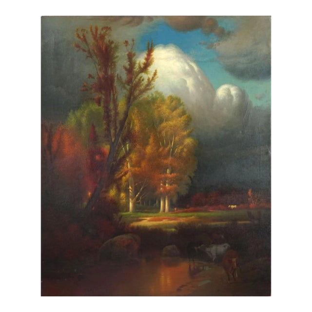 New England Autumnal Bucolic Landscape -- Cows by the Watering Hole 19th Century by Wesley J. Straight For Sale