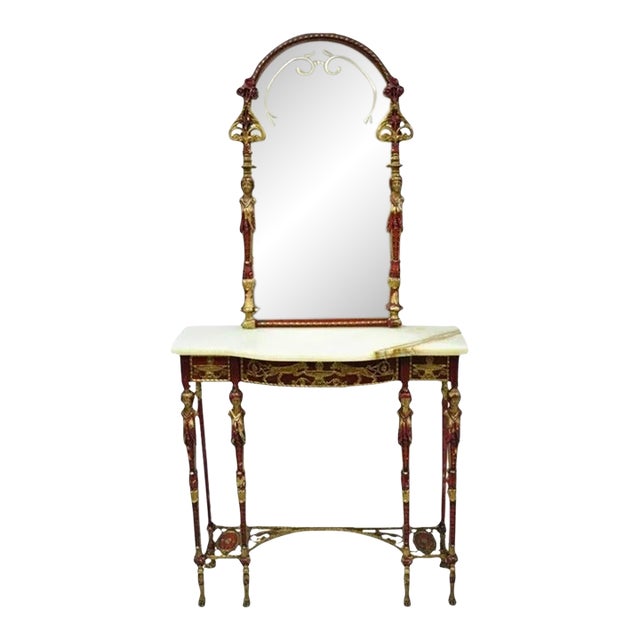 Oscar Bach Attr. Bronze and Onyx Top Iron Console Hall Table With Figural Mirror For Sale