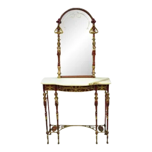Oscar Bach Attr. Bronze and Onyx Top Iron Console Hall Table With Figural Mirror