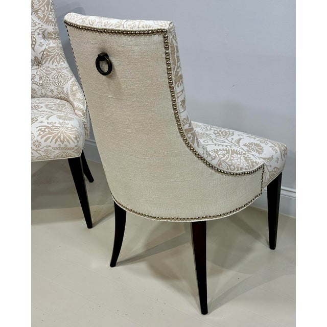 Baker Furniture Thomas Pheasant Upholstered Side Chairs – Newly Reupholstered in Screen-Printed Linen With Rubelli Back (Pair) For Sale - Image 10 of 11