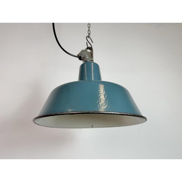 Metal Industrial Petrol Enamel Factory Lamp with Cast Iron Top, 1960s For Sale - Image 7 of 18