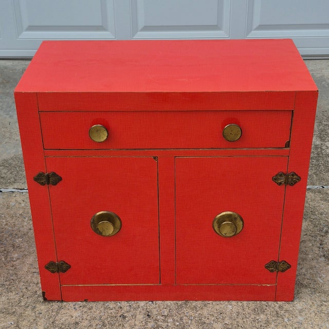 Mid Century Modern Asian Orange Red Laminate Cabinets Nightstands Side End Tables - A Pair For Sale - Image 4 of 12