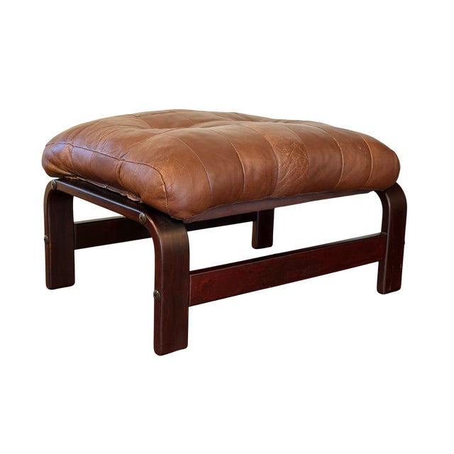 Vintage Norwegian Leather Ottoman | Scandinavian Mid-Century Modern Bentwood & Sling Footstool | Ingmar Relling Style For Sale - Image 11 of 16