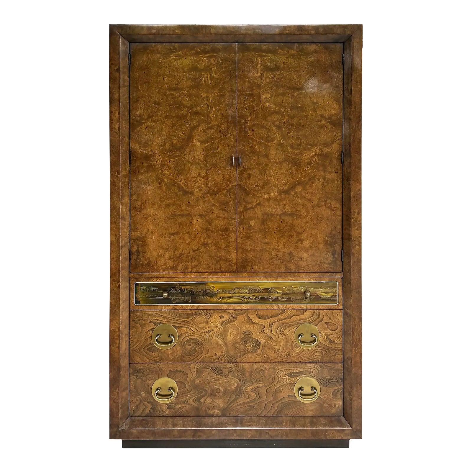 1970s Bernhard Rohne Mastercraft Burl Wood Etched Brass Tall Chest ...