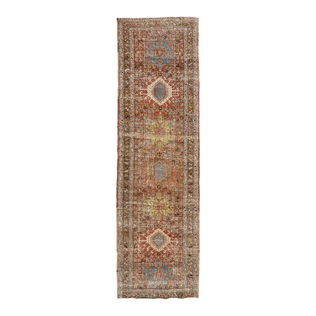 Antique Heriz Runner Rug With Distressed Terracotta and Sage Patina 3x10 For Sale