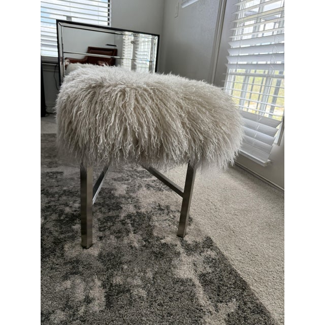 2010s Pasargad Home Mongolian Lamb Fur Bench in Cream With Brushed Metal X‑Base For Sale - Image 5 of 8