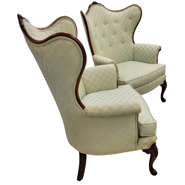 French Vintage French Louis XV Style Carved Wood Wingback Bergère Chairs in Pale Green Damask – Pair For Sale - Image 3 of 12