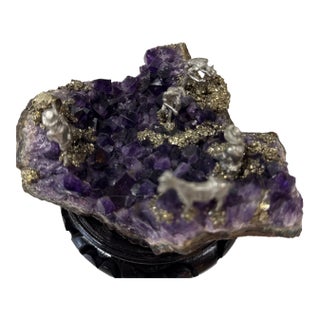 Unique Amethyst Stone Mine Scene Crafted With Silver Men Working in a Mine, Art Display Piece For Sale