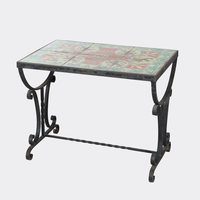 1910s Arts & Crafts Wrought Iron & California Tile Top Side Table With Griffins C1910 For Sale - Image 5 of 12