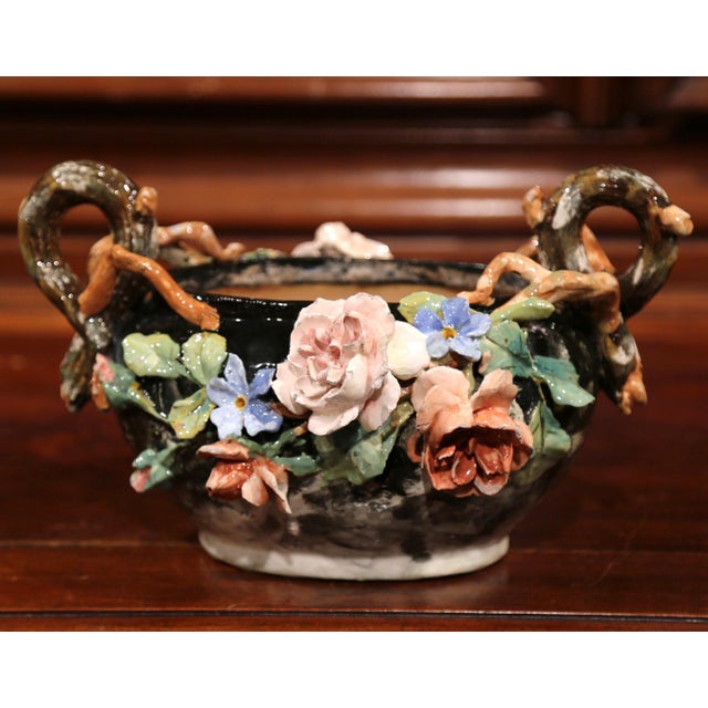 19th Century French Montigny-Sur-Loing Barbotine Jardinière With Floral Relief For Sale In Dallas - Image 6 of 10