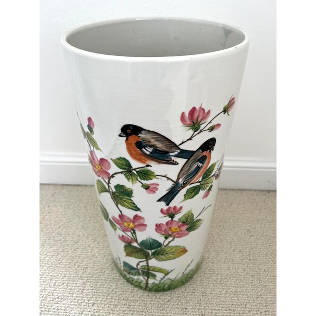 Tall Italian Hand Painted Floral and Bird Porcelain Umbrella Stand For Sale - Image 4 of 10
