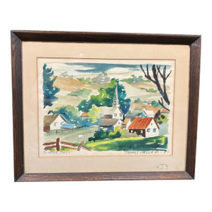 Vintage Signed Impressionist Thomas Meek Watercolor Landscape, Framed Pastoral Village Scene, 1981