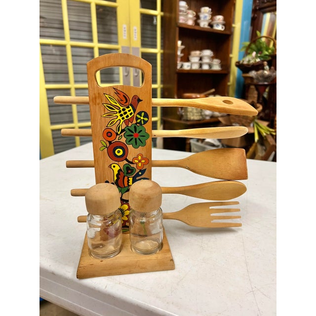 Mid-Century Modern Mid Century Wooden Spoon Holder with Salt & Pepper Set -8 Pieces For Sale - Image 3 of 10