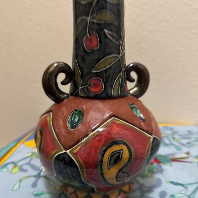 Vintage Art Nouveau Style Studio Pottery Vase – Hand-Painted Floral & Geometric Twin-Handled Ceramic Vase For Sale - Image 10 of 10