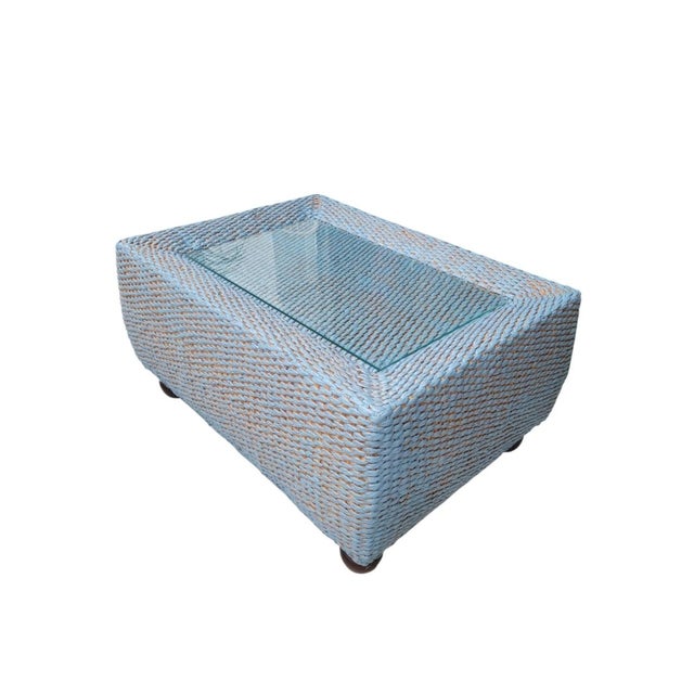 Vintage Century Furniture Custom Painted Light Blue, Tan Rectangular Coastal Regency Wicker Coffee Table With Glass Top For Sale In West Palm - Image 6 of 13