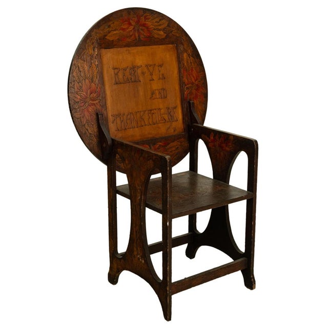 Folk Art Antique Folk Art Poker Work Arts & Crafts Monks Bench Table Chair New York 1900 For Sale - Image 3 of 15