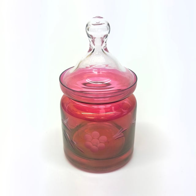 Mid 20th Century Cranberry Lidded Glass Storage Container Curation - Group of 3 For Sale - Image 5 of 12