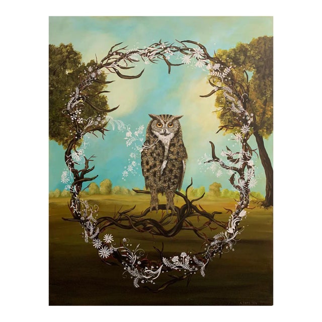 Great Horned Owl, Anne Siems, Figurative Painting, Owl in Forest Landscape, 2018 For Sale