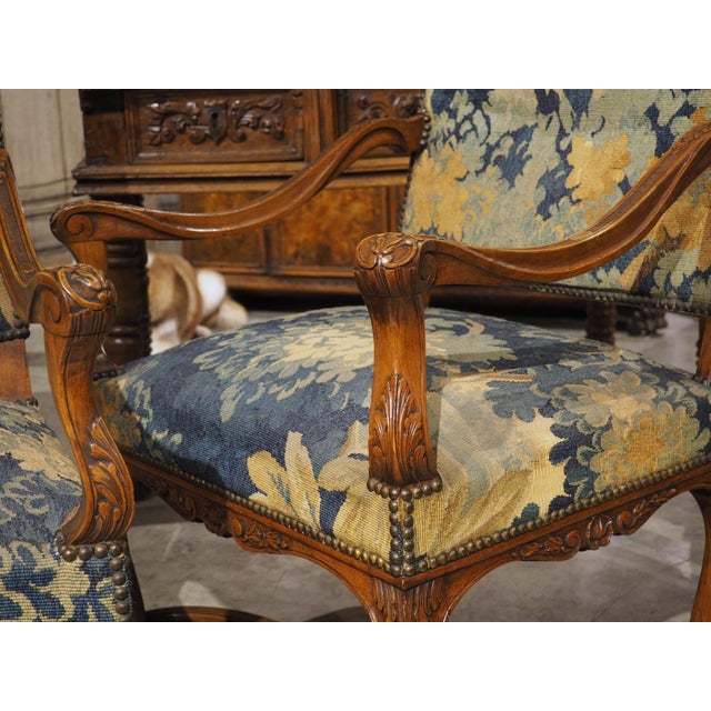 French Pair of 19th C. French Regence Style Armchairs With Verdure Tapestry Upholstery For Sale - Image 3 of 18