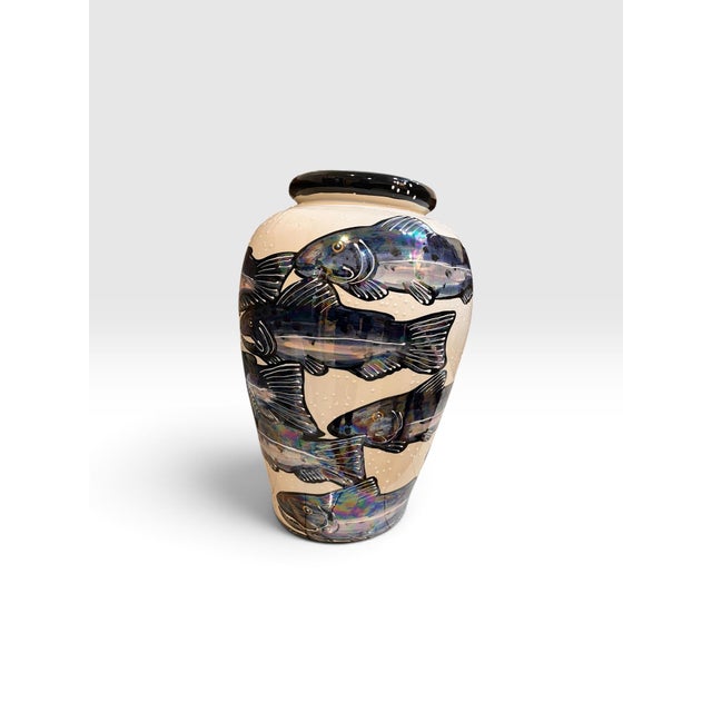 Nautical Beth Allison Gripenstraw “Salmon” Hand-Painted Ceramic Urn Vase, Santa Cruz, 1997 For Sale - Image 3 of 11