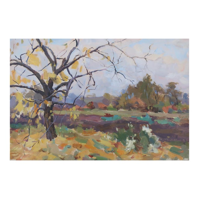 1990s Autumn Oil Painting, Rural Landscape, Ukrainian Art 34-49 For Sale