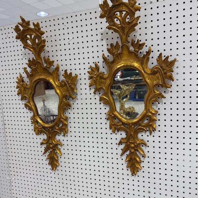 Gold Pair Vintage Mid Century Italian Florentine Gold Gilt Wall Mirrors Sconce Style For Sale - Image 8 of 12
