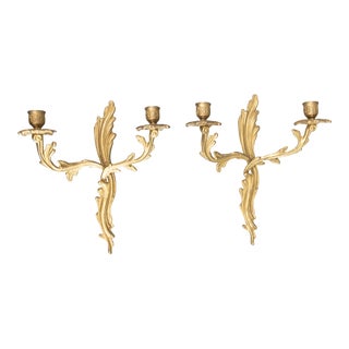 Antique French Rococo Gilt Brass Candelabras Wall Sconces - a Pair For Sale