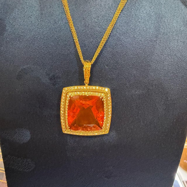 Gia Certified 20.61 Carat Orange Opal 18k Gold Diamond Pendant Necklace For Sale - Image 10 of 12