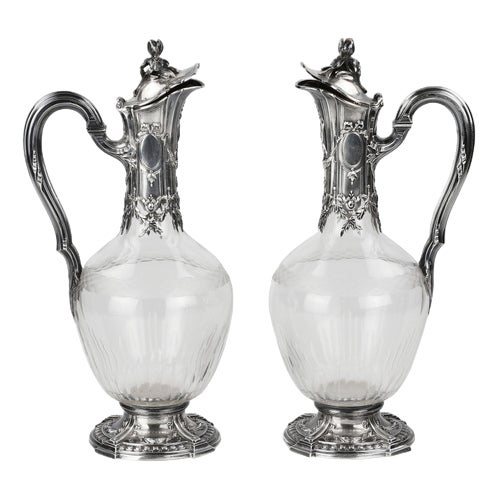 French Glass Wine Jugs in Silver, Set of 2 For Sale