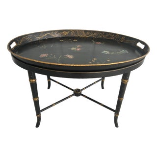 Regency Tole Tray Table With Faux Bamboo Base-Black and Gold Coffee Table-Floral Motif Hand Painted Removable Top For Sale