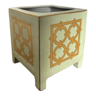 Mid to Late Twentieth Century Palm Beach Style Soft Green Square Footed Cachepot Planter With Gold Trellis Pattern For Sale