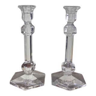 Val Saint-Lambert Signed Belgian Crystal Candlesticks, Pair, 9" Tall, Late 20th Century For Sale
