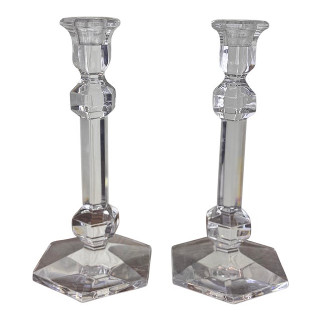 Val Saint-Lambert Signed Belgian Crystal Candlesticks, Pair, 9" Tall, Late 20th Century For Sale