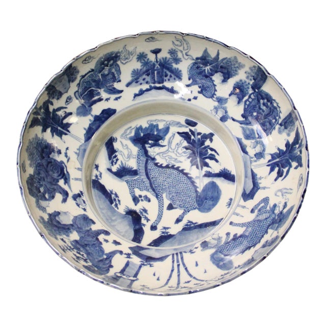Chinese Blue White Round Porcelain Kirin Graphic Bowl Deep Plate For Sale