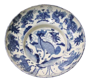 Chinese Blue White Round Porcelain Kirin Graphic Bowl Deep Plate