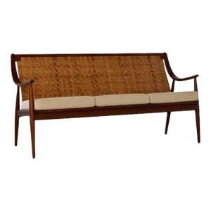 Rare Vintage Teak + Cane Back Sofa by Peter Hvidt + Orla Mølgaard-Nielsen for France + Daverkosen, Retailed by John Stuart Inc., Circa 1950s