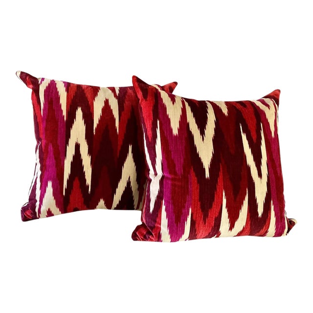 Pair of 22" Custom Schumacher Kashgar Ikat Velvet Pillows Pattern 176102 in Ruby Plum For Sale