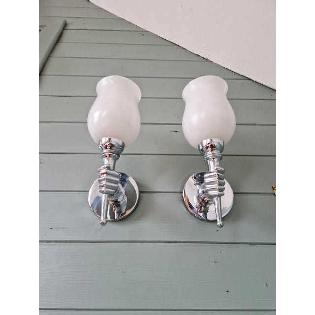 Metal Wall Lights in Chromed Metal and White Satin Glass, 1960, Set of 2 For Sale - Image 7 of 10