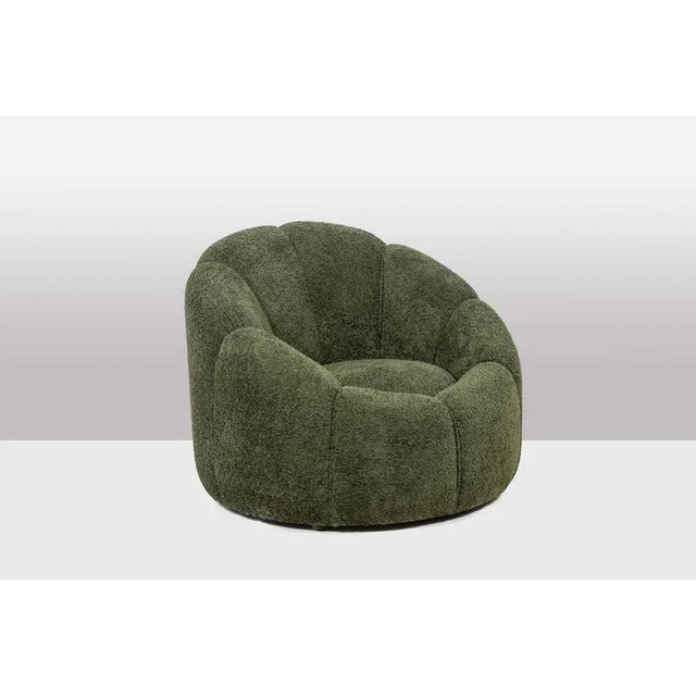 Pair of armchairs in green or bronze looped fabric. Italian contemporary artisanal work and small series. This piece is...