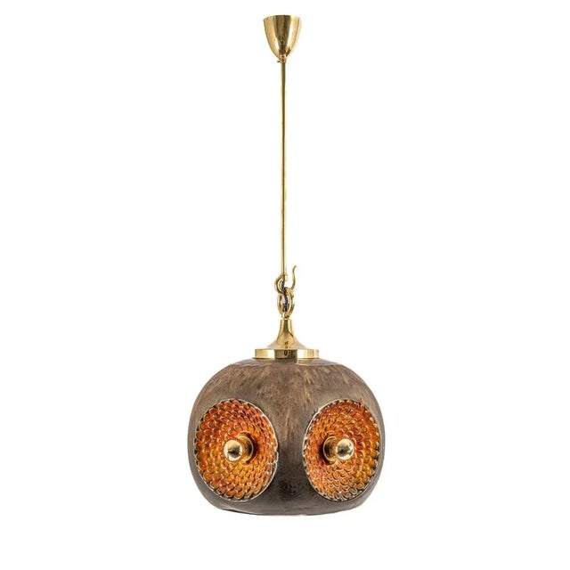 Ceramic brown and orange pendant light sputnik germany 1970s. The frame is brass. Heavy quality and in very good...