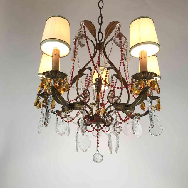 Gold Antique Chandelier with Red Crystals For Sale - Image 8 of 15